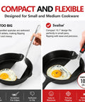 Comparison of Two Piece Stainless Steel Spatula Set With Thick 1.2mm Metal Turners And Silicone Handles in cast iron skillet with egg