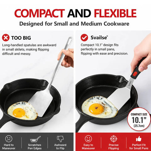 Comparison of Two Piece Stainless Steel Spatula Set With Thick 1.2mm Metal Turners And Silicone Handles in cast iron skillet with egg