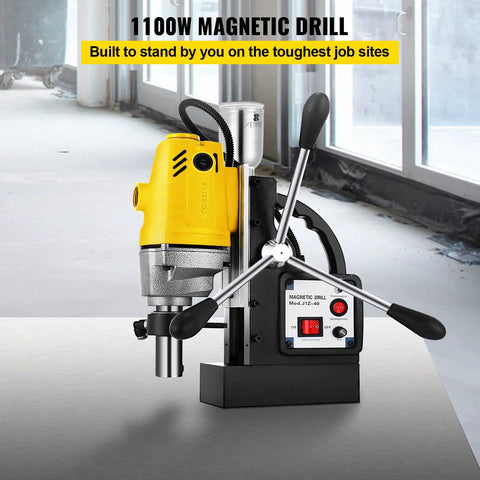 Beast 1100W Magnetic Drill Press With 1.57 Inch Core Bore 2810 Lbs Magnetic Force portable magnetic drilling system on steel surface.
