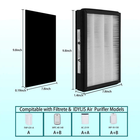 Dimensions of Replacement A Size Air Filter for Idylis and Filtrete purifiers, 2 pack, allergen odor removal, captures 99.97% of particles
