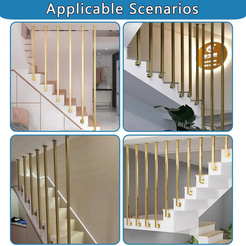Real Deal Gold L Shape Stair Handrail Built Tough For Indoor Steps Heavy Duty Galvanized Metal Guardrail displayed in various indoor settings.