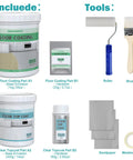 Two Part Floor Coating Kit With Clear Sealer For Porcelain Tile Floors In Kitchen Bathroom Laundry Semi Gloss Light Gray With Tools DIY Durable Upgrade components including base emulsion, hardener, roller, brush, sandpaper, and tape.