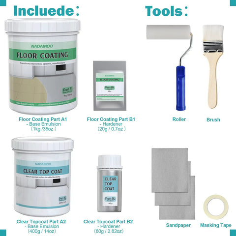 Two Part Floor Coating Kit With Clear Sealer For Porcelain Tile Floors In Kitchen Bathroom Laundry Semi Gloss Light Gray With Tools DIY Durable Upgrade components including base emulsion, hardener, roller, brush, sandpaper, and tape.