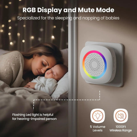 Wireless Motion Sensor Door Chime With 61 Melodies And 120dB Max Volume PIR Entry Alert With 5S Detection Interval 5 Volume Levels RGB Light Indicator Easy Install For Home Office Store Elderly And Visitors, wall-mounted with baby sleep scene