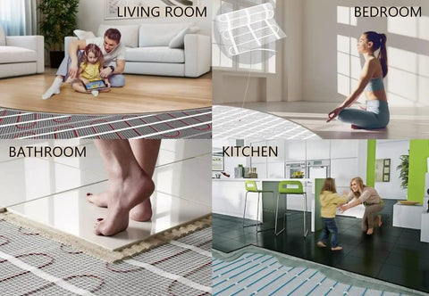 Electric Heated Floor Mat For Under Tile Laminate And Stone Floors Self Adhesive Radiant Floor Heating Kit 120 Volts 10 Sq Ft Easy Install And Year Round Warmth Perfect For Bathrooms Kitchens And Entryways shown in various room settings
