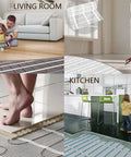 Collage of electric heated floor mat under tile, laminate, and stone in living room, bedroom, bathroom, and kitchen settings.