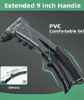One Handed Pop Rivet Gun Set With Extended 9.6 Inch Ergonomic Handle And Non Slip Grip shown with PVC grip details.