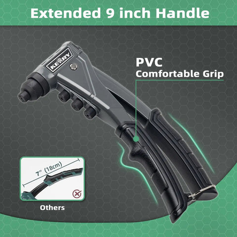 One Handed Pop Rivet Gun Set With Extended 9.6 Inch Ergonomic Handle And Non Slip Grip shown with PVC grip details.