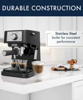 At Home Barista Style Manual Espresso Machine With 15 Bar Pump, compact coffee maker on kitchen counter, steam wand visible