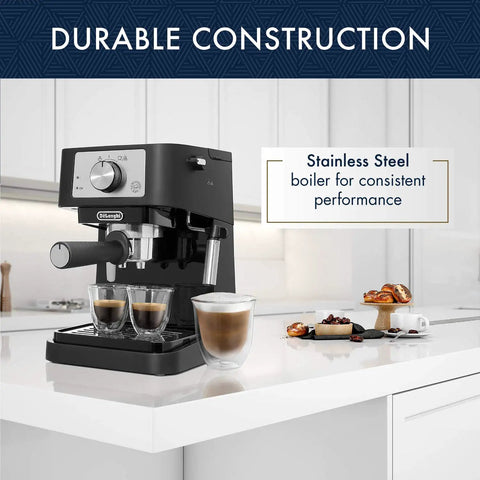 At Home Barista Style Manual Espresso Machine With 15 Bar Pump, compact coffee maker on kitchen counter, steam wand visible