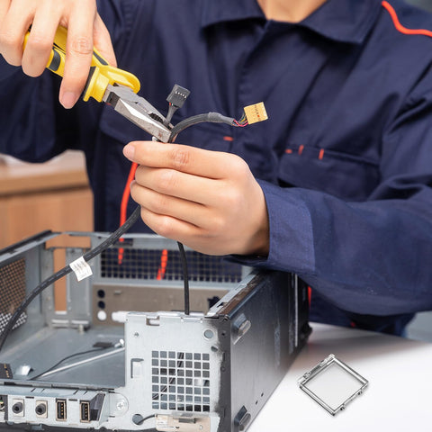 Technician fixing PC case with Power Button Guard 2 Pack Clear Plastic Push Safety Covers visible.