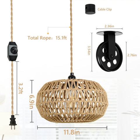 Boho Pendant Light With Plug In Cord And LED Bulb Dimmer Switch 15 Foot Hanging Wicker Rattan Chandelier dimensions