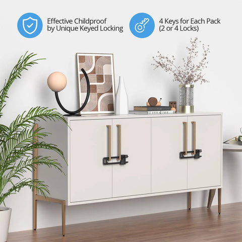 Solid Kidproof Cabinet Lock Two Pack Key Alike With Four Heavy Duty Keys Quick Grip on stylish white cabinet.