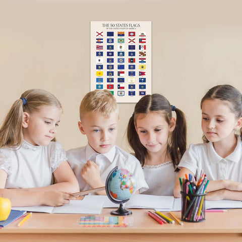 Children studying under 50 State Flags Of The USA Wall Art Pack For Classrooms And Home Study Updated Modern Social Studies Charts 12x16 in