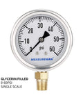 Measureman glycerin-filled 2-1/2 inch dial pressure gauge, 0-60 psi, stainless steel case, 1/4 in NPT lower mount