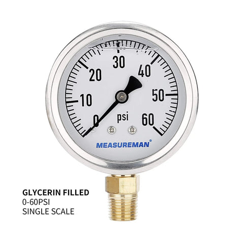 Measureman glycerin-filled 2-1/2 inch dial pressure gauge, 0-60 psi, stainless steel case, 1/4 in NPT lower mount