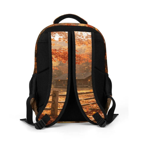 Back view of Log Cabin Maple Scene Printed Unisex Backpack With Large Capacity, Durable Polyester Build, Breathable Fabric, Smooth Zipper.