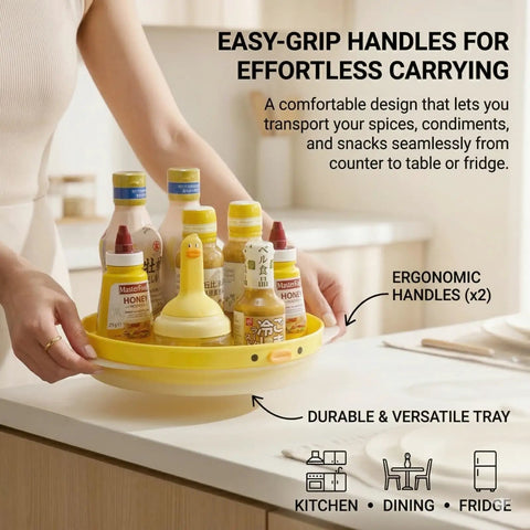 Person holding 9.8 Inch Lazy Susan Organizer With 360 Degree Rotation For Spices And Bottles, Cute Duck Kitchen Accessory In Yellow PP.