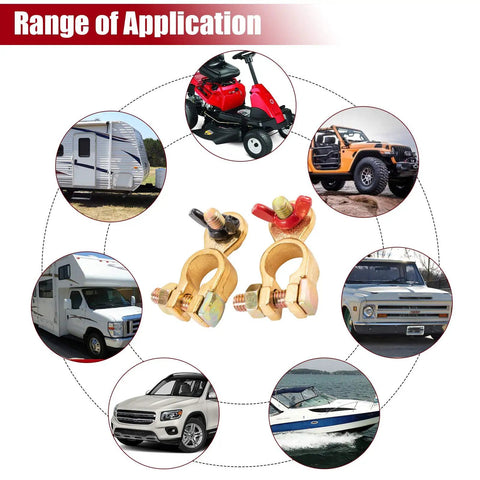 Solid Brass Battery Terminals With Color Coded Wing Nuts And Quick Release Connectors For RV Motorcycle Car Truck Boat Caravan Plus Beefed Up Pro Grade Performance And Corrosion Resistant Clamps Two Pairs Included, shown with range of application images.