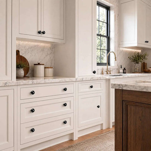 White kitchen cabinets with Six Black Diamond Crystal Glass Cabinet Knobs 30mm Set for Dressers and Cabinets