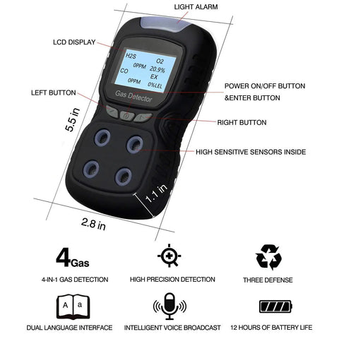 Diagram of Dope 4 In 1 Gas Detector Handheld Rechargeable Portable Gas Clip Monitor with labeled features and dimensions.
