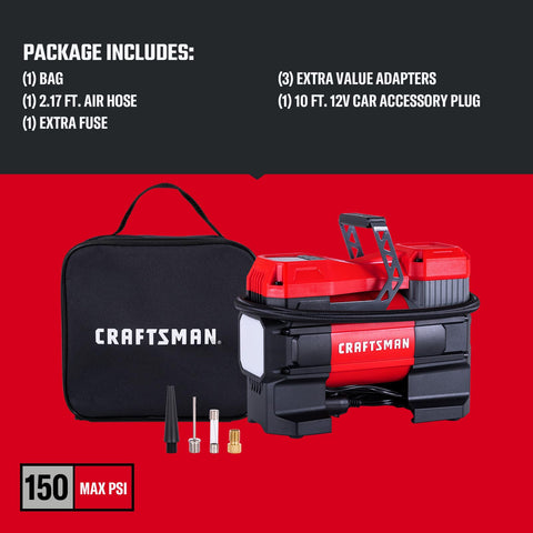 12V Tire Inflator Portable Air Compressor with Digital Gauge Auto Shut Off LED Light, accessories and bag shown.