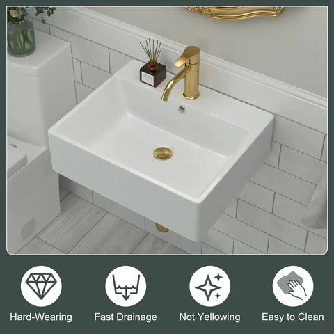 Wall Mounted Vessel Sink for Bathrooms, 20 by 18 Inch Rectangle White Porcelain Ceramic Vessel Sink With Faucet Hole and Overflow