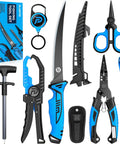 7 Piece Fishing Tools Kit With Corrosion Resistant Pliers Floating Lip Gripper Fishing Knife And Line Cutter laid out