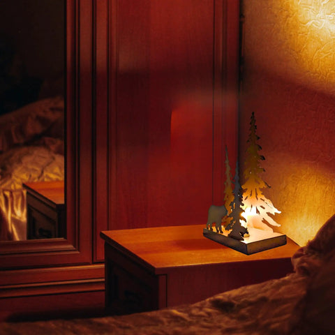 Woodsy Bear Silhouette Table Lamp on bedside, metal, black, 8L x 4W x 12.25H, cozy rustic vibe in cabin-themed bedroom