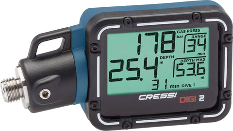 Digi2 Digital Depth And Pressure Gauge For Scuba Diving Blue With Real Time Depth Readout And Tank Pressure Monitor, side view.