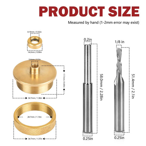 Solid Brass Router Inlay Kit 71333 components and measurements with downcut carbide spiral bit, router bit, and brass parts.