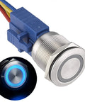 22mm Latching Push Button Switch 12V Angel Eye Ring Light LED Waterproof Stainless Steel Round Metal Self Locking 1NO 1NC 1 Pack Blue For Automotive Dash Panels Marine Off Road DIY Install, blue ring lit