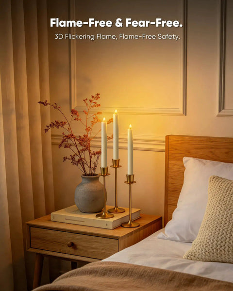 Bedroom scene with 6 Pack Wax Flameless Taper Candles With Remote Timer And Dimmer, Ivory LED Candle Sticks on nightstand.
