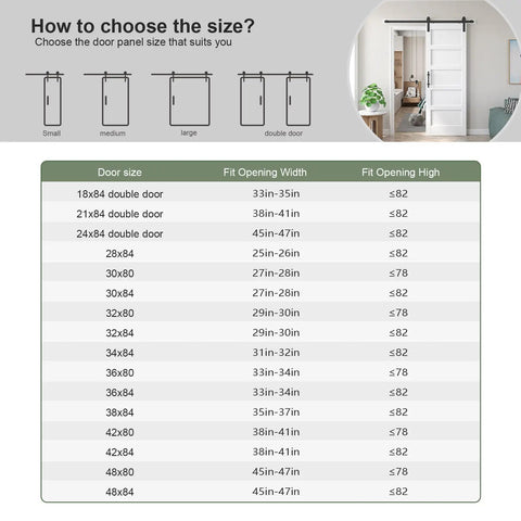 Size guide for sliding barn doors with diagram, highlighting a white 42x84 inch barn door with 7 foot sliding door hardware.