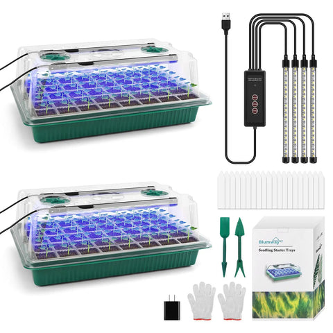 Seed Starter Tray With Grow Light 2 Pack 80 Cell Seedling Kit With Humidity Dome and adjustable LED lights, green.