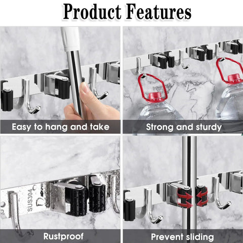 Mop And Broom Wall Mount Organizer With Five Racks And Four Hooks Stainless Steel Heavy Duty Boss Grade Tool Hanger Kit demonstration.