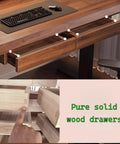 Top Notch Adjustable Standing Desk With Roomy Hidden Storage Drawers And No Sweat Preset Height Adjustments Featuring Built In Headphone Hook And Clean Natural Wood Finish For Solid Home Office Workstations showing solid wood drawers and mouse pad.
