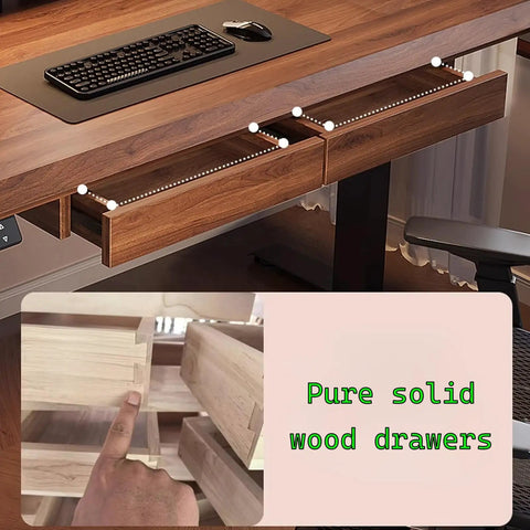 Top Notch Adjustable Standing Desk With Roomy Hidden Storage Drawers And No Sweat Preset Height Adjustments Featuring Built In Headphone Hook And Clean Natural Wood Finish For Solid Home Office Workstations showing solid wood drawers and mouse pad.