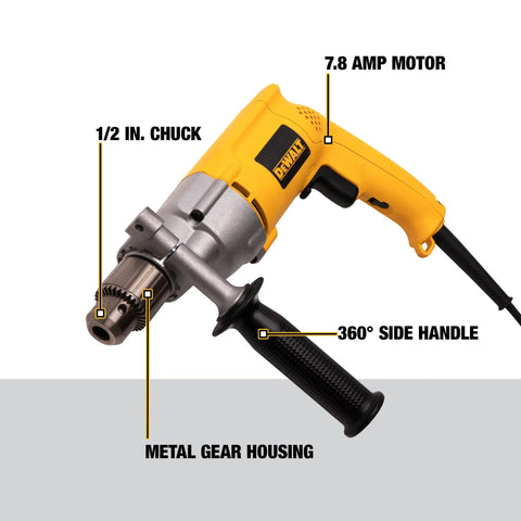 Industrial Rotary Drill With Beefy Heavy Duty Metal Gear Housing, Helical Cut Steel Gears, Corded Power, Two-Finger Trigger