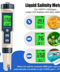 Slick Digital 5 In 1 Pool Water Tester Drops; LCD display showing salinity, pH, and temperature readings for water testing.
