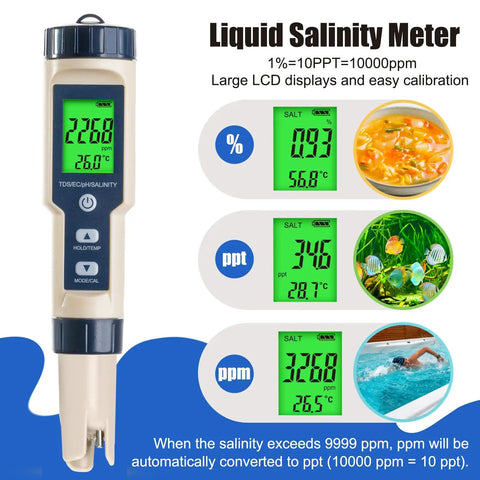 Slick Digital 5 In 1 Pool Water Tester Drops; LCD display showing salinity, pH, and temperature readings for water testing.