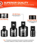 Impact Socket Adapter Set 1/4 To 3/8 Inch And 3/8 To 1/2 Inch Reducers Four Piece Built Tough CrMo And CRV Steel, laser marked, on display