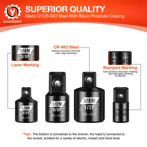 Impact Socket Adapter Set 1/4 To 3/8 Inch And 3/8 To 1/2 Inch Reducers Four Piece Built Tough CrMo And CRV Steel, laser marked, on display