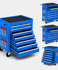 Gangster Tough Rolling Tool Chest With Seven Drawers Lockable Metal Tool Cart For Garage Setup in blue, showcasing multiple angles and drawers.