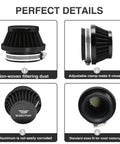 2 Pack 55MM Universal Motorcycle Air Intake Filter Kit showing non-woven filter, adjustable clamp, aluminum top, standard size