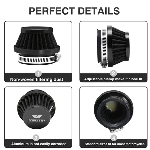 2 Pack 55MM Universal Motorcycle Air Intake Filter Kit showing non-woven filter, adjustable clamp, aluminum top, standard size