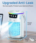 4 In 1 Personal Portable AC Cooler With Ice Water Mist on desk, showing dimensions and anti-leak design, white color.