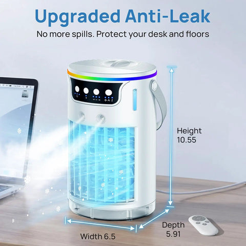 4 In 1 Personal Portable AC Cooler With Ice Water Mist on desk, showing dimensions and anti-leak design, white color.