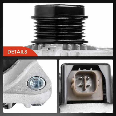 Close-up of Reliable 12V 100A Direct Fit Alternator parts for Toyota Corolla 2009 2011, including pulley and connector details.