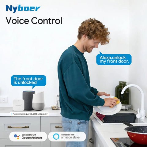 Person using Alexa for Wi-Fi Gateway for Smart Door Locks With TT Lock App Remote Control Alexa Voice Compatible Hub